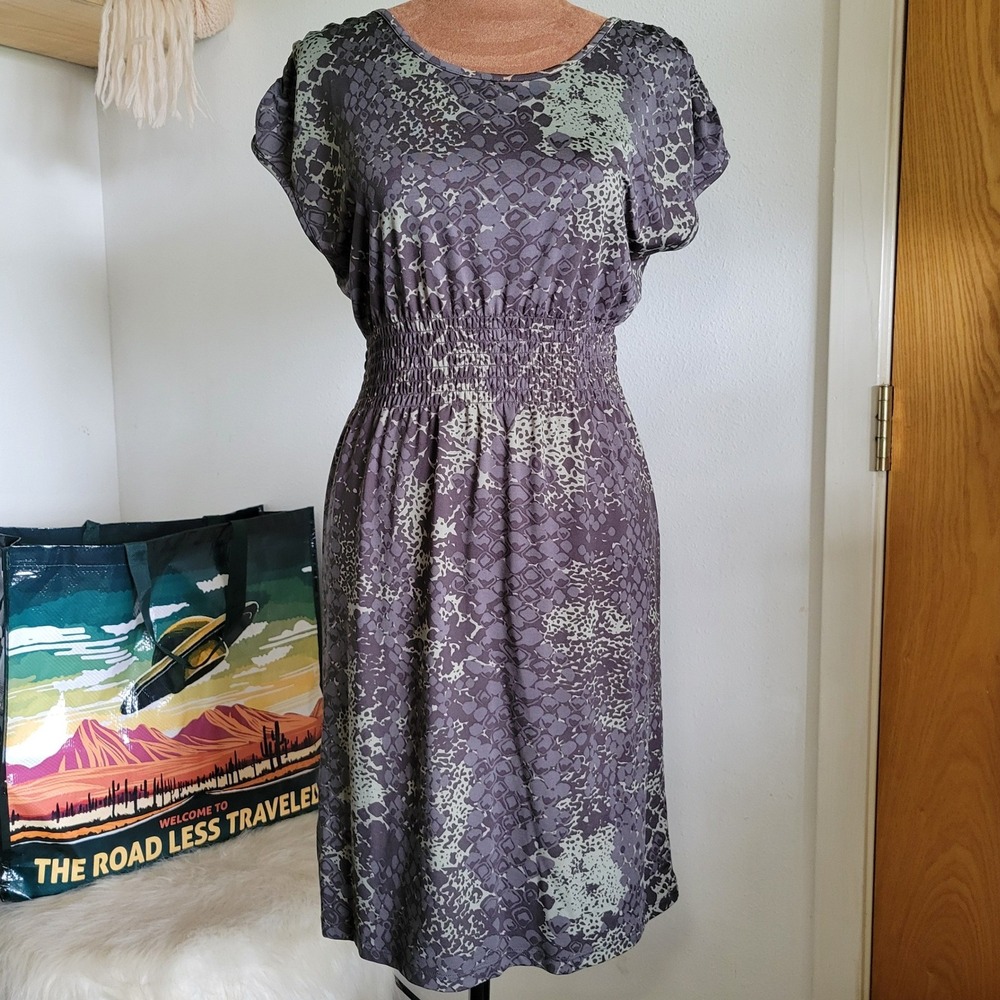 Kensie Dresses Purple Green Snakeskin Animal Print Smocked Waist Sheath Dress XS